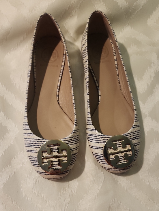 Tory Burch Shoes - Tory Burch White and Navy Striped Reva Flats with Gold Logo
